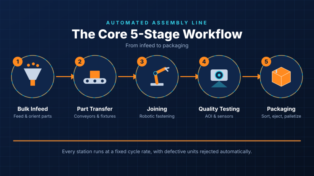Automated assembly line 5-stage workflow from bulk infeed to part transfer, joining, quality testing and packaging
