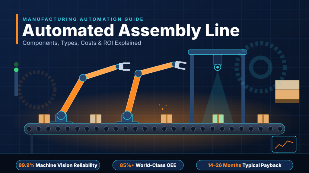 Automated assembly line with robotic arms, conveyor belt and machine vision inspection gantry