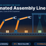 Automated assembly line with robotic arms, conveyor belt and machine vision inspection gantry