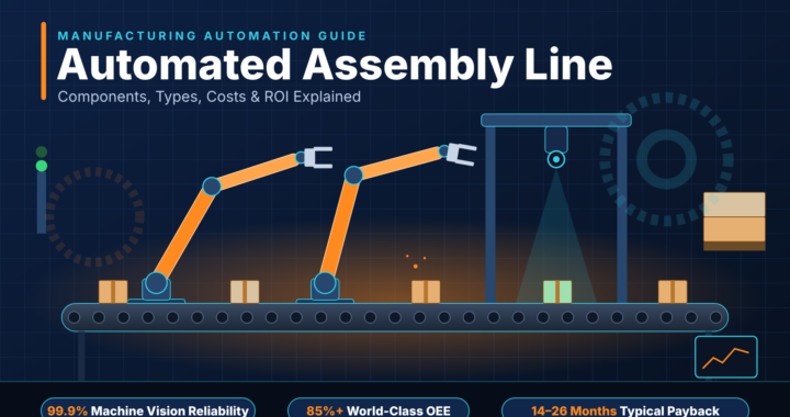 Automated assembly line with robotic arms, conveyor belt and machine vision inspection gantry