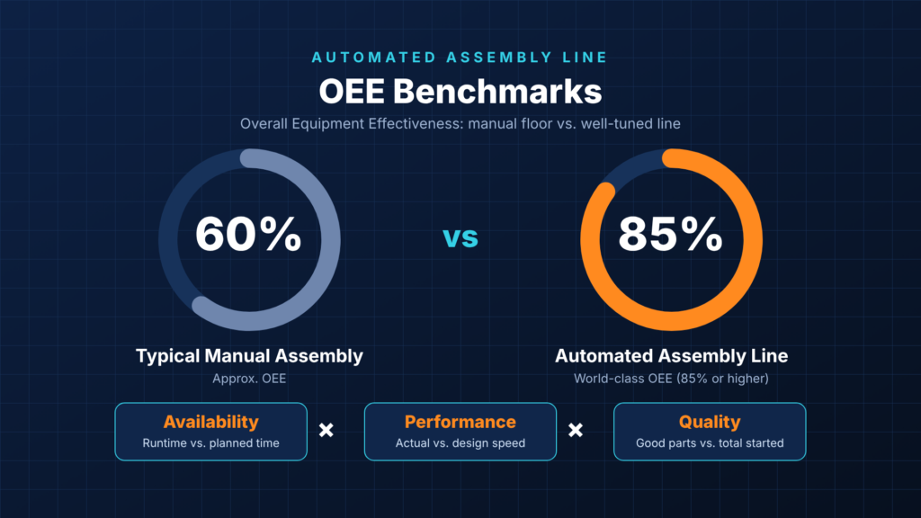 Automated assembly line OEE benchmark chart showing 60% for manual assembly versus 85% world-class OEE