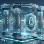 Enterprise AI governance framework architecture with pillars for ethical AI, risk management, and compliance shields