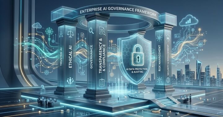 Enterprise AI governance framework architecture with pillars for ethical AI, risk management, and compliance shields