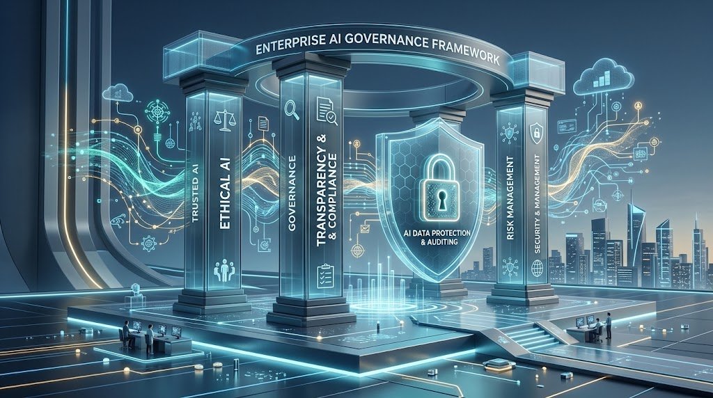 Enterprise AI governance framework architecture with pillars for ethical AI, risk management, and compliance shields