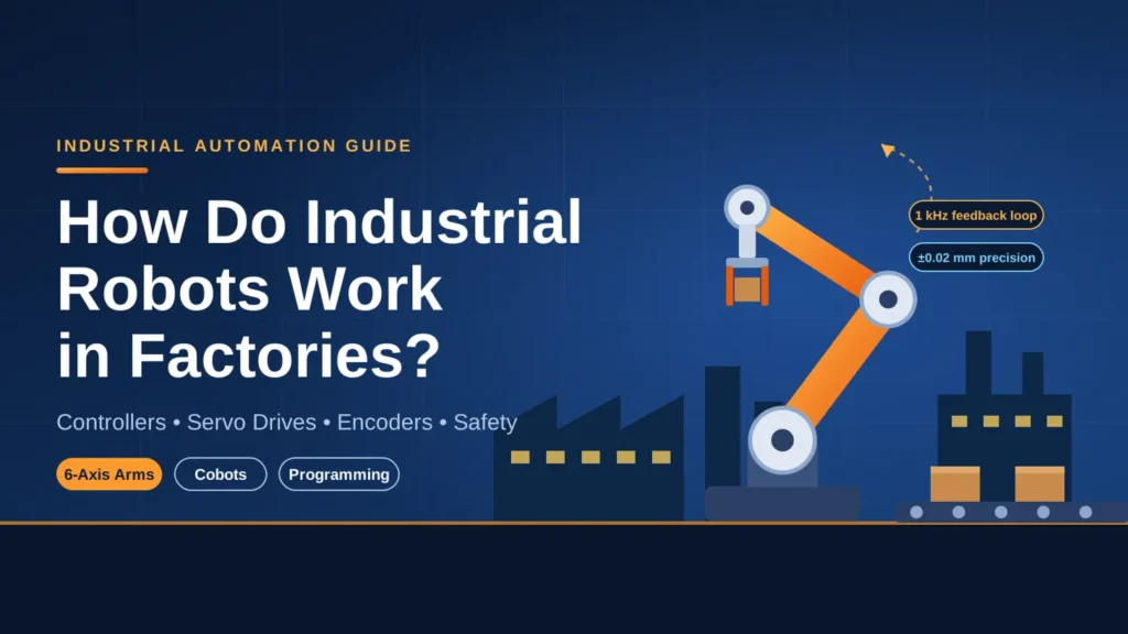 How do industrial robots work in factories? Industrial robots on an automated production line