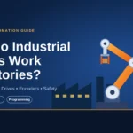 How do industrial robots work in factories? Industrial robots on an automated production line