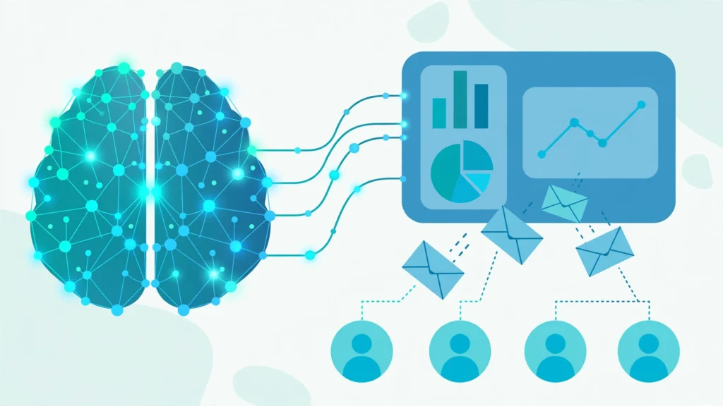 AI system connected to an email marketing dashboard building personalized campaigns for each subscriber