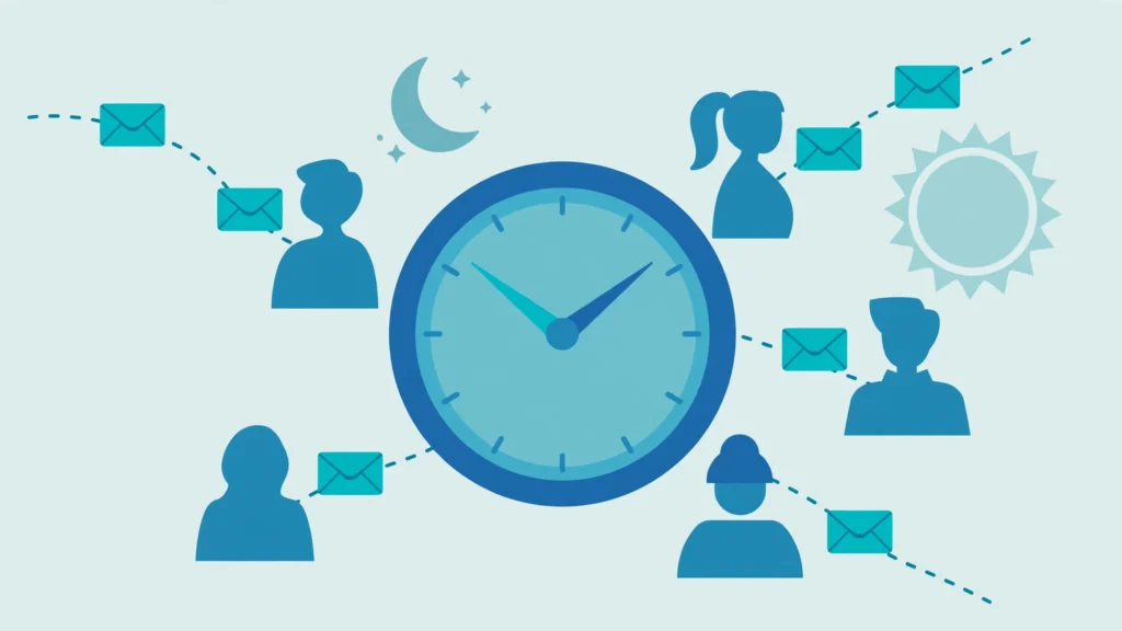 Email messages arriving at different personalized times for different subscribers across a day
