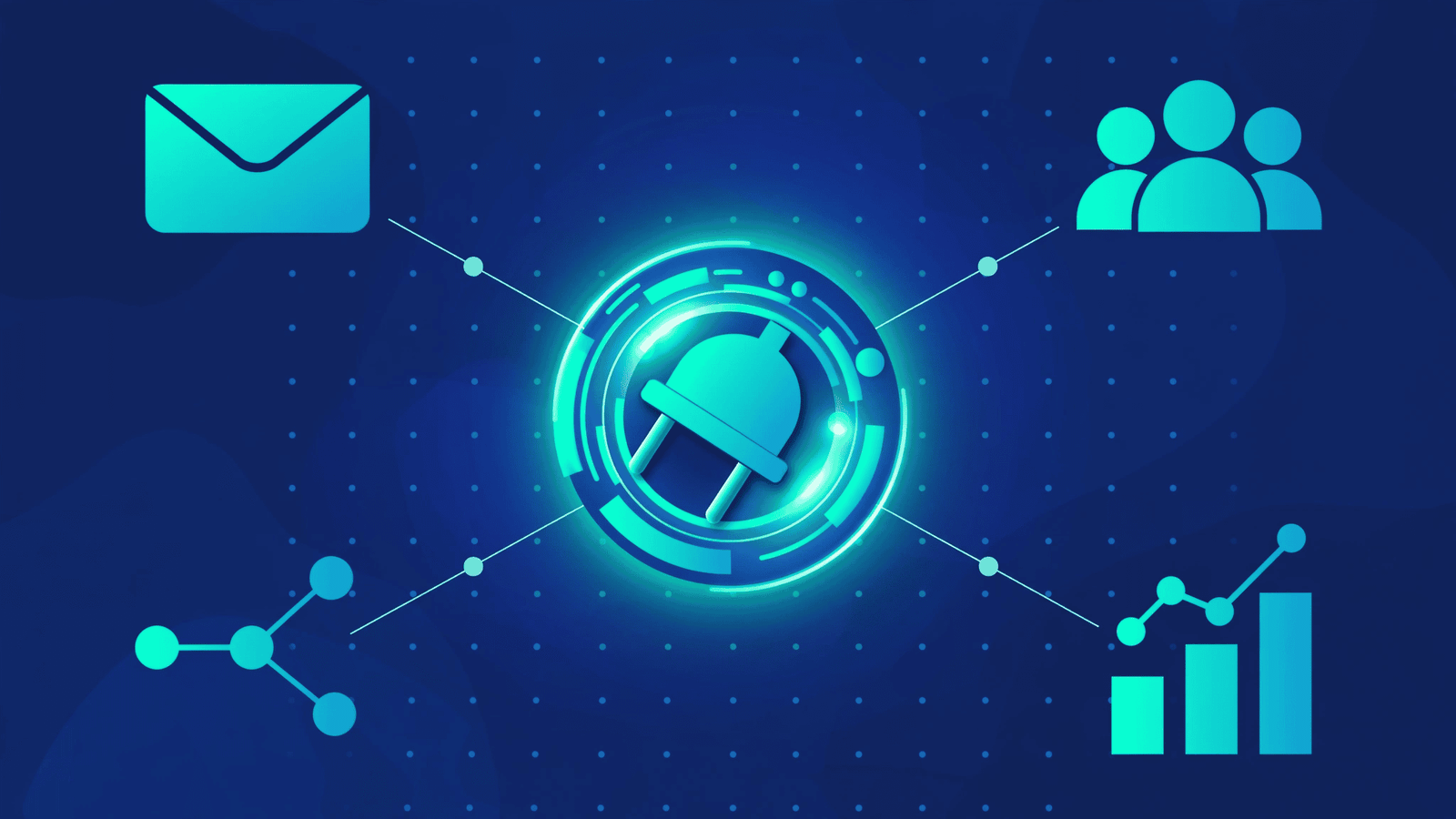 Central connector hub linking an AI assistant to email tools, segments, flows and reports