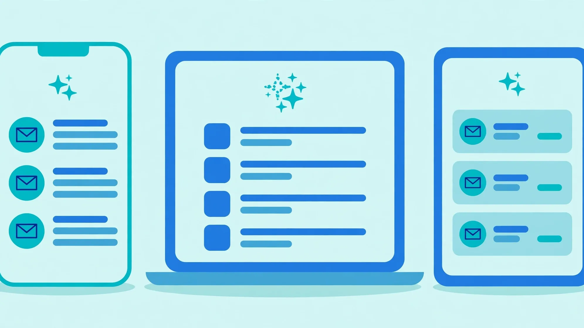 Illustration comparing AI email summaries across Apple Mail, Gmail, and Outlook