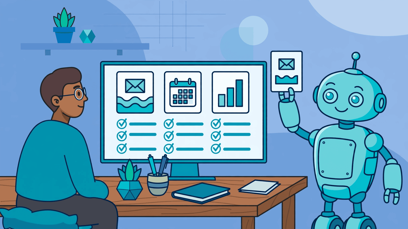 Marketer reviewing email campaign drafts prepared by an AI assistant