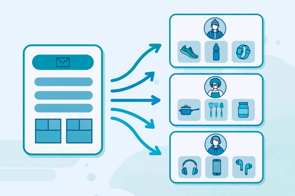 One email template rendering different product recommendations for different shoppers at send time