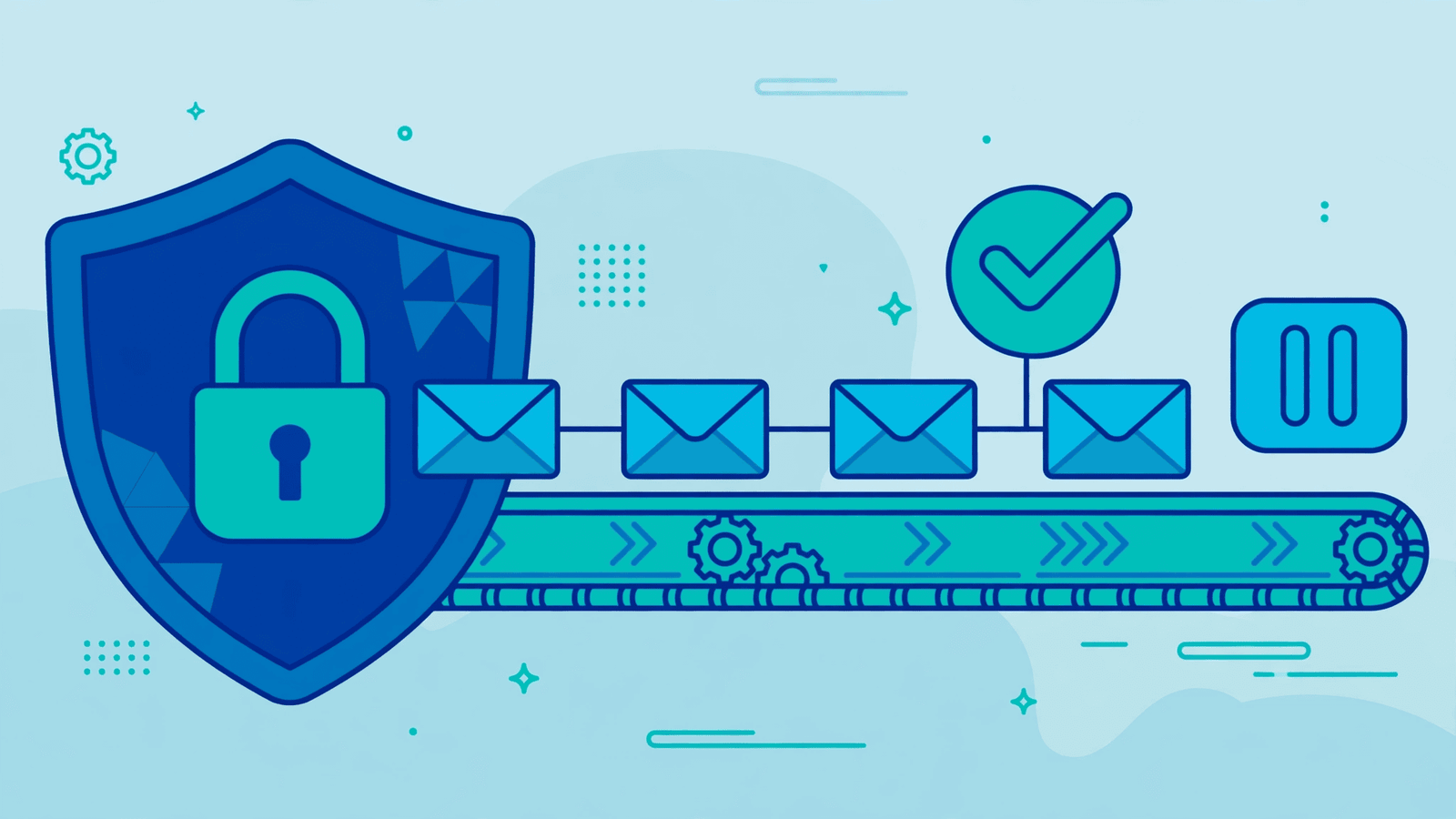 Shield and approval checkmark guarding an automated email workflow