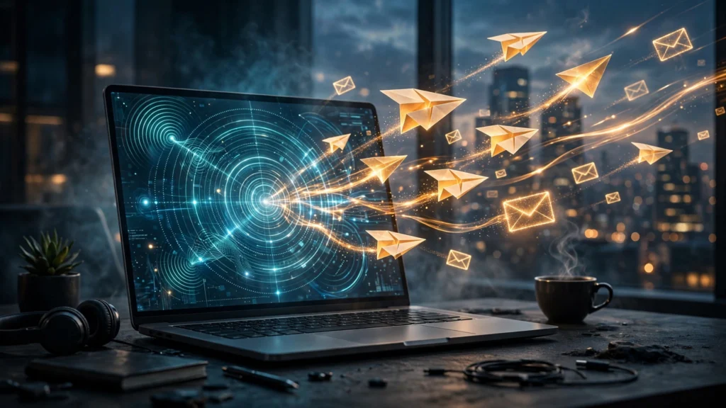 Cold email 2026 featured image showing signal based outreach from a laptop toward a city skyline