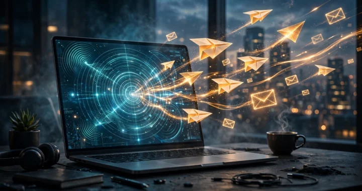 Cold email 2026 featured image showing signal based outreach from a laptop toward a city skyline