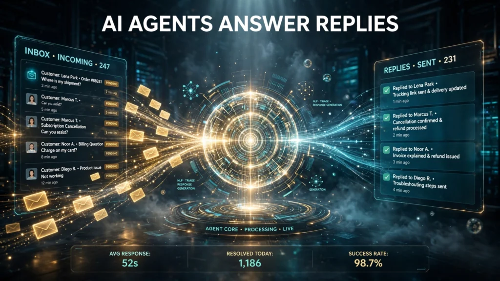 EngageLab Agent Email hero illustration of AI agents answering customer replies at scale