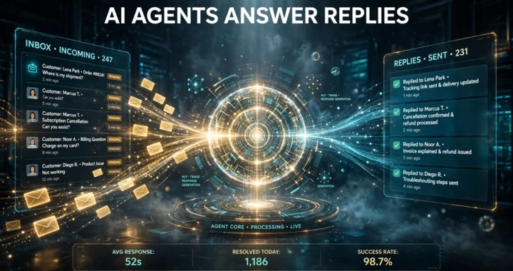 EngageLab Agent Email hero illustration of AI agents answering customer replies at scale