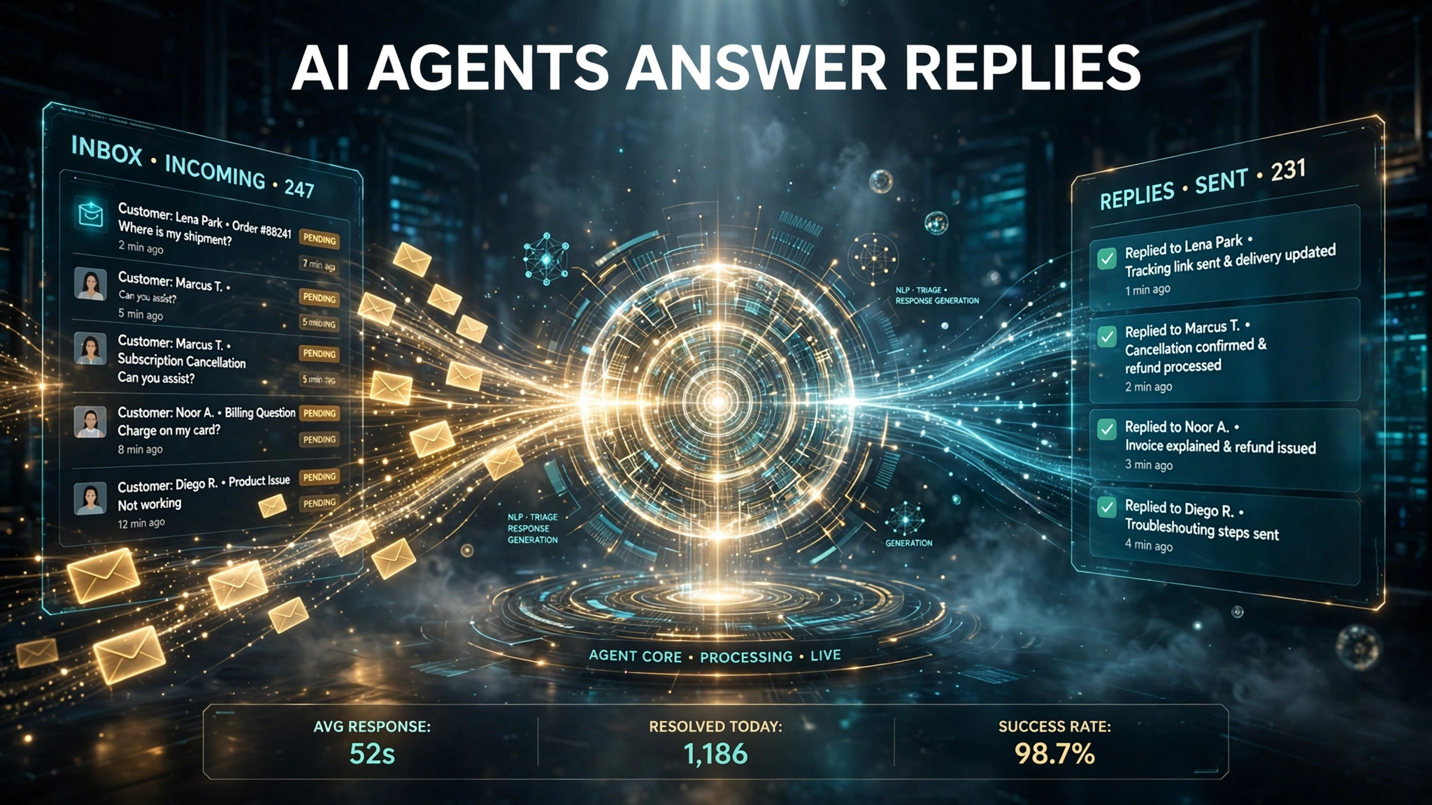 EngageLab Agent Email hero illustration of AI agents answering customer replies at scale