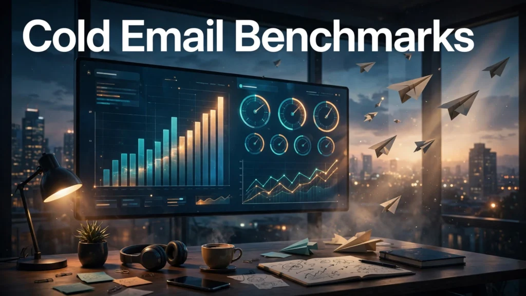 Cold email 2026 benchmarks dashboard with rising reply rate charts