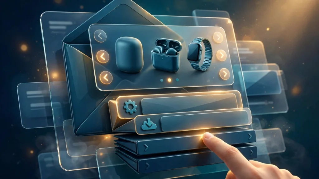 Interactive email marketing hero image showing a product carousel and accordion menu inside an email inbox