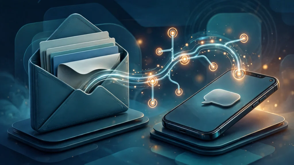 Email sms marketing automation hero image joining an inbox and a mobile phone in one workflow