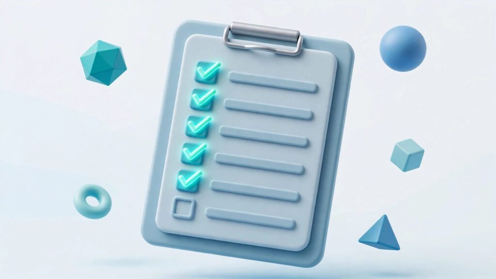 3D clipboard checklist with glowing checkmarks
