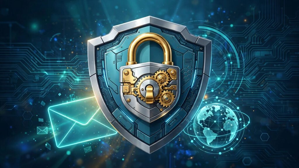 Padlock and shield protecting an email envelope and domain globe